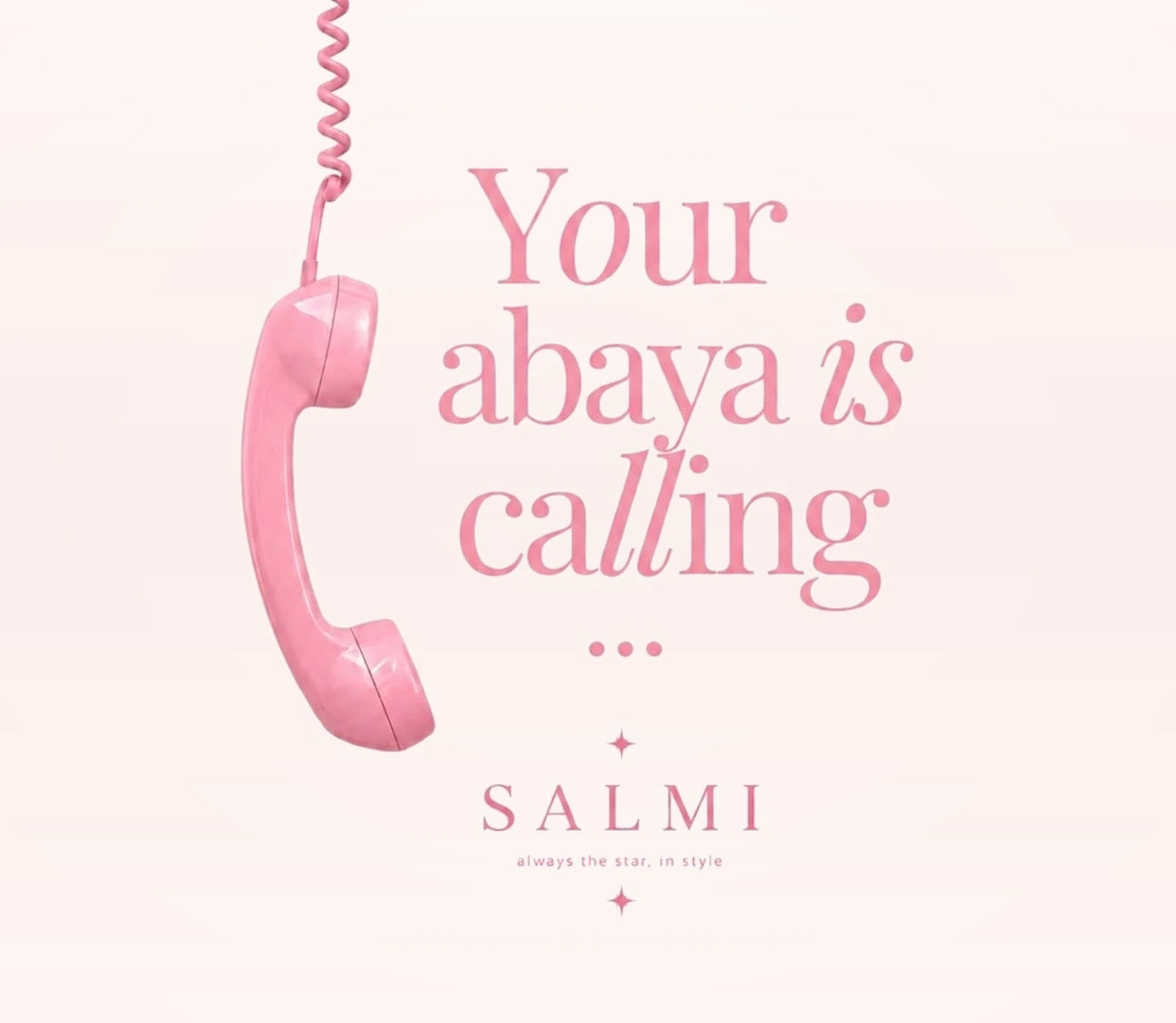 هاتف وردي مع عبارة Your abaya is calling وشعار SALMI
